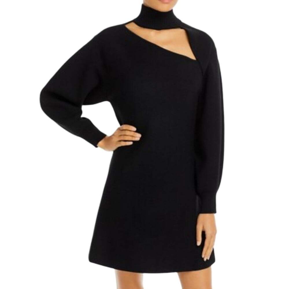 Aqua V2802 Womens Black Frances Knit Turtleneck Cutout Dress Size Small